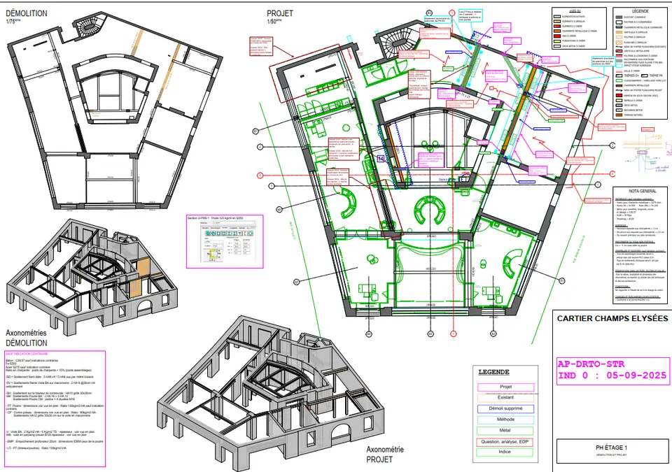 PH Étage 1 — démolition et projet. Le bâtiment d'angle présente une géométrie polygonale non-orthogonale (rue de Tilsitt / rue Arsène Houssaye). Les axonométries démolition/projet montrent l'ampleur des interventions structurelles conservées derrière la façade patrimoniale.