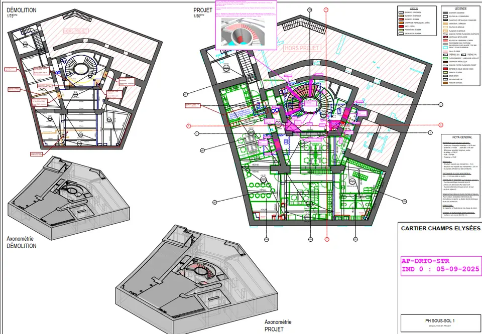 PH Sous-sol 1 — départ de l'escalier hélicoïdal (encart 3D en haut), longrines neuves, semelles à créer et poutres HEA en périphérie. Le sous-sol reçoit les descentes de charge du nouveau noyau architectural.
