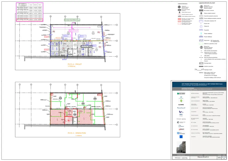 PH R+4 : plan projet et plan de démolition superposés aux solutions de renforcement — plats carbone dimensionnés en variantes selon les sections.