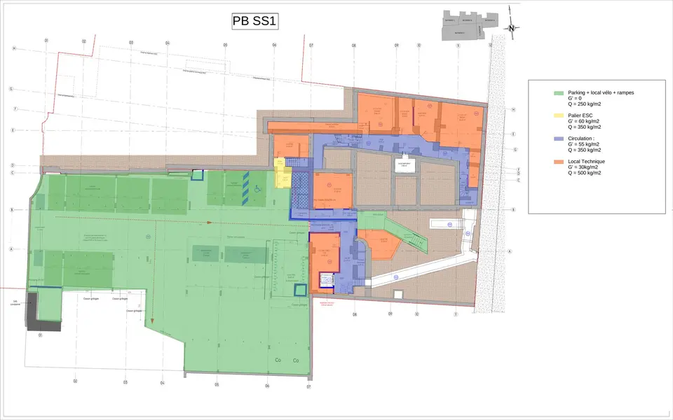Zoning des charges — PB SS1. Zones : parking (Q=250 kg/m²), palier ESC (Q=350 kg/m²), circulation (Q=350 kg/m²), local technique (Q=500 kg/m²).