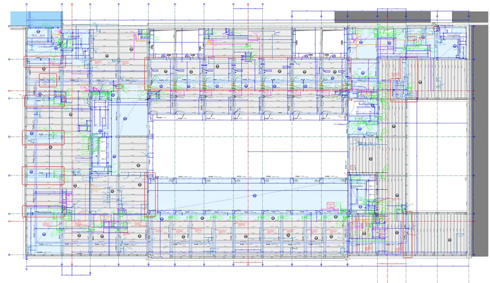 Plan de coffrage du plancher haut R+3 : l'étage de reprise, avec l'ensemble des poutres renforcées et les zones d'intervention.
