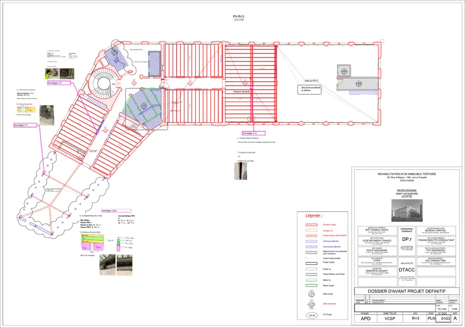 Plan diagnostic — PH R+3. Sondages 1, 2, 3 et sondage 1bis : IPN, poteaux métalliques, voile maçonnerie. Cartouche : MOA SNCF Voyageurs / BET structure VCSP Bâtiment France.