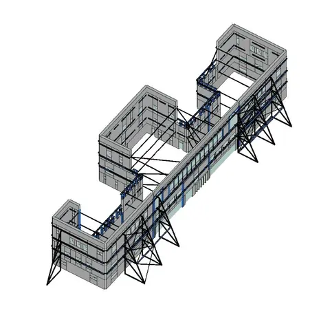 Modèle EF 3D — Simulation de stabilisation des façades en phase provisoire. En noir : les palées de stabilité métalliques triangulées disposées en périphérie. En bleu : les liens périmétriques reliant les façades et assurant la transmission des efforts horizontaux. Le modèle permet de vérifier la stabilité d'ensemble sous vent (charges atlantiques élevées) et sous séisme.