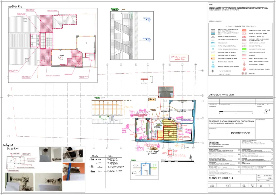 Plancher haut R+4 annoté : démolitions en toiture, sondages sur l'existant (poutres métalliques, briques, cheminées), ratios de charges et points de méthode relevés.