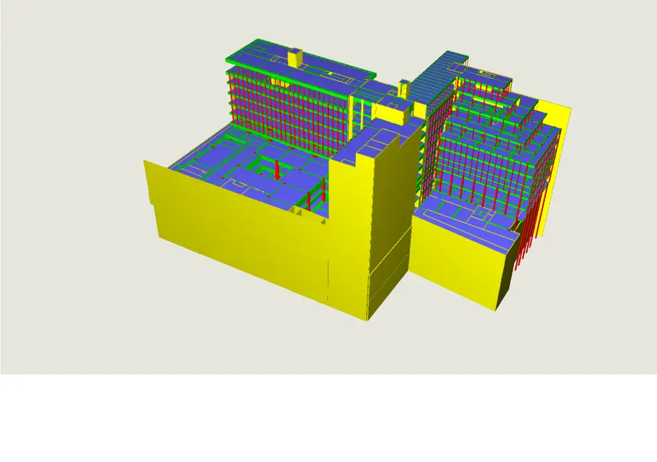 Vue 3D du modèle complet : les corps de bâtiment et leurs retraits successifs, avec l'ensemble des porteurs modélisés — voiles, poteaux et planchers.