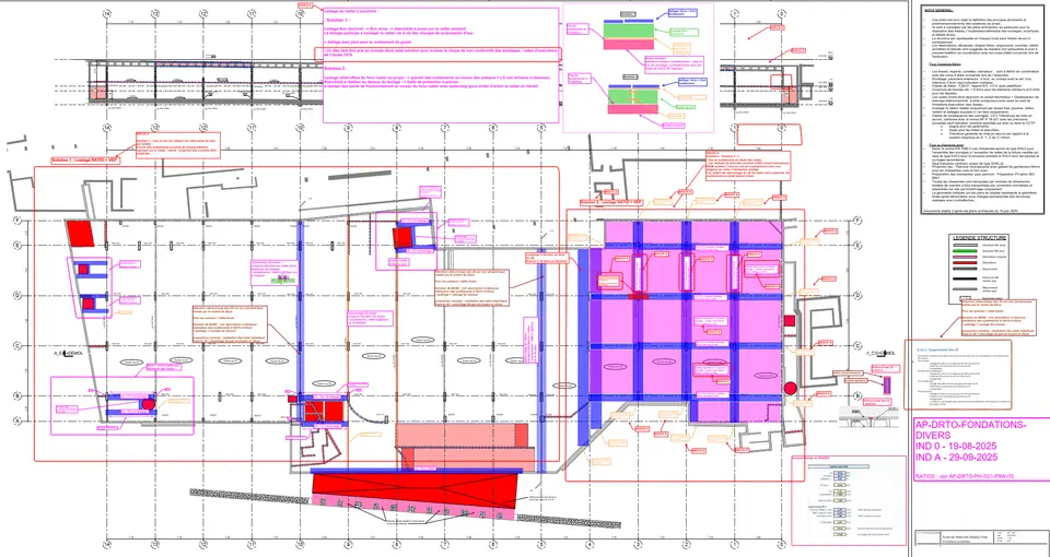 Plan de principe démolition — méthodologie de reprise du radier existant, scellements traversants dans les deux sens, scellements verticaux HA12 en grille 20×20 : dispositif clé du cuvelage. Source : plan DCE, indice A.