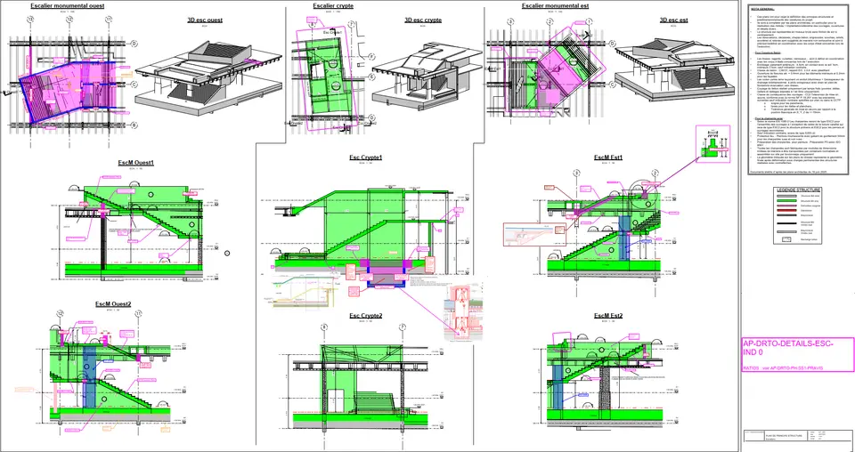 Escaliers monumentaux ouest, est et escalier crypte — vues 3D et coupes techniques : géométries complexes, paillasses BA inclinées, joints d'aération en pied et arase adaptée. Source : plan DCE Escaliers.