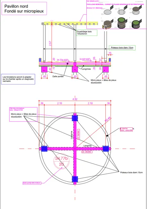 Pavillon nord — fondation sur micropieux avec longrines croisées, dalle portée et têtes de pieux 40×40×40. Fondations à adapter en chantier après diagnostic racinaire pour préserver la végétation existante. Source : plan DCE Structure Pavillons.