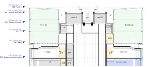 Coupe du projet en partie haute — serres Est et Ouest en toiture, niveau restaurant et séminaires, locaux techniques.