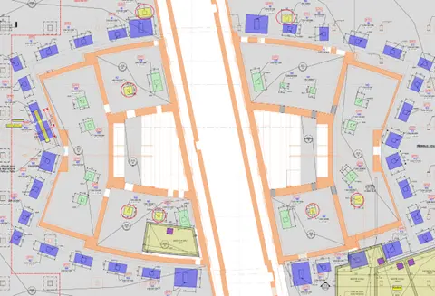 Plan de masse — implantation générale du projet et des extensions latérales de bureaux.