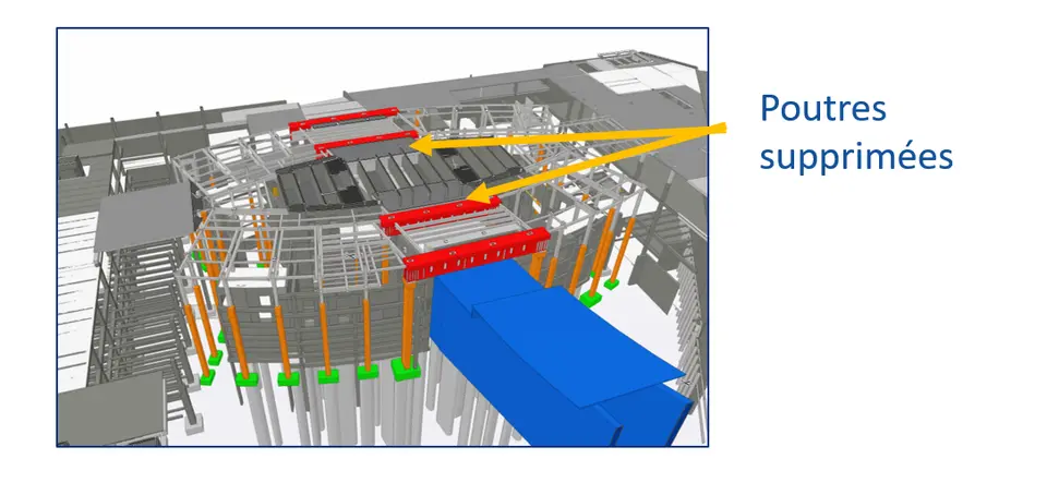 Optimisation par suppression de poutres en toiture technique — simplification du schéma structurel pour réduire le tonnage.