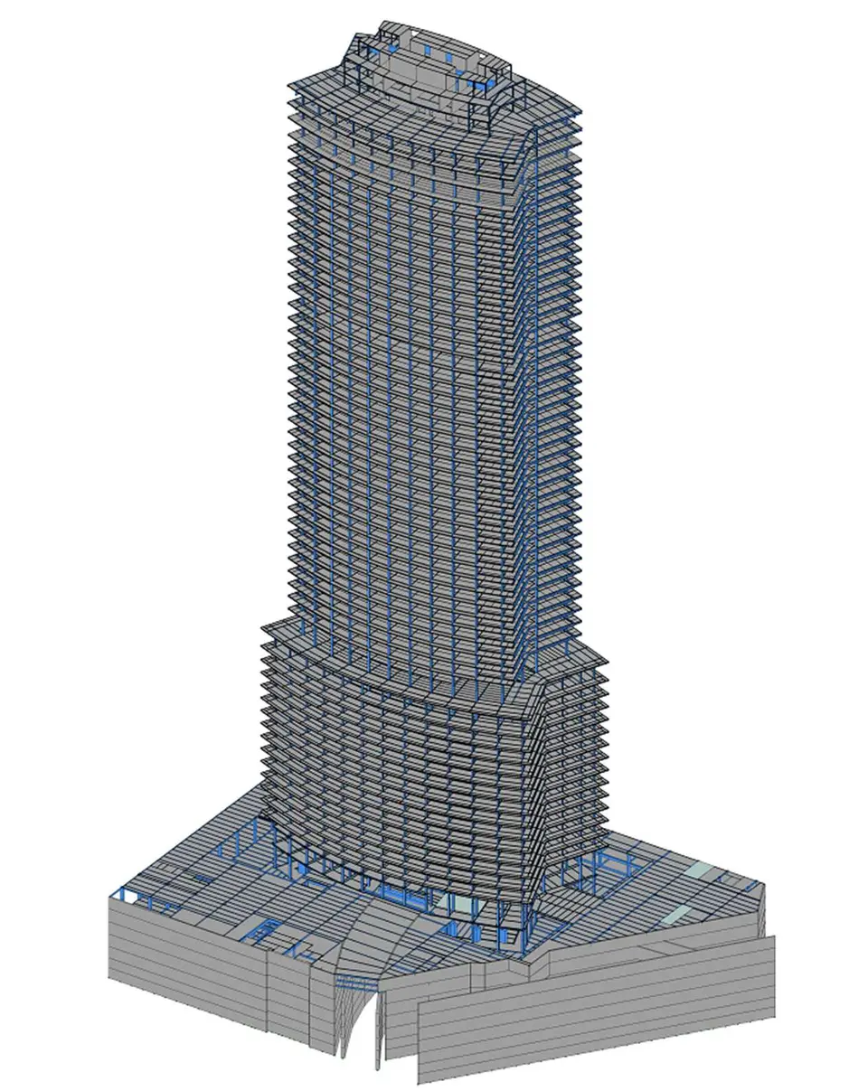 Modèle aux éléments finis de la Tour Montparnasse sous Advance Design — structure existante en phase projet, intégrant infrastructure et superstructure.