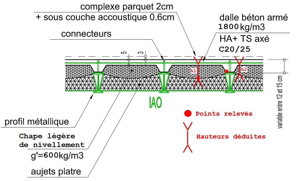 Coupe type de renfort de plancher : dalle béton connectée sur profils métalliques existants (IAO) — Dior Vernet.